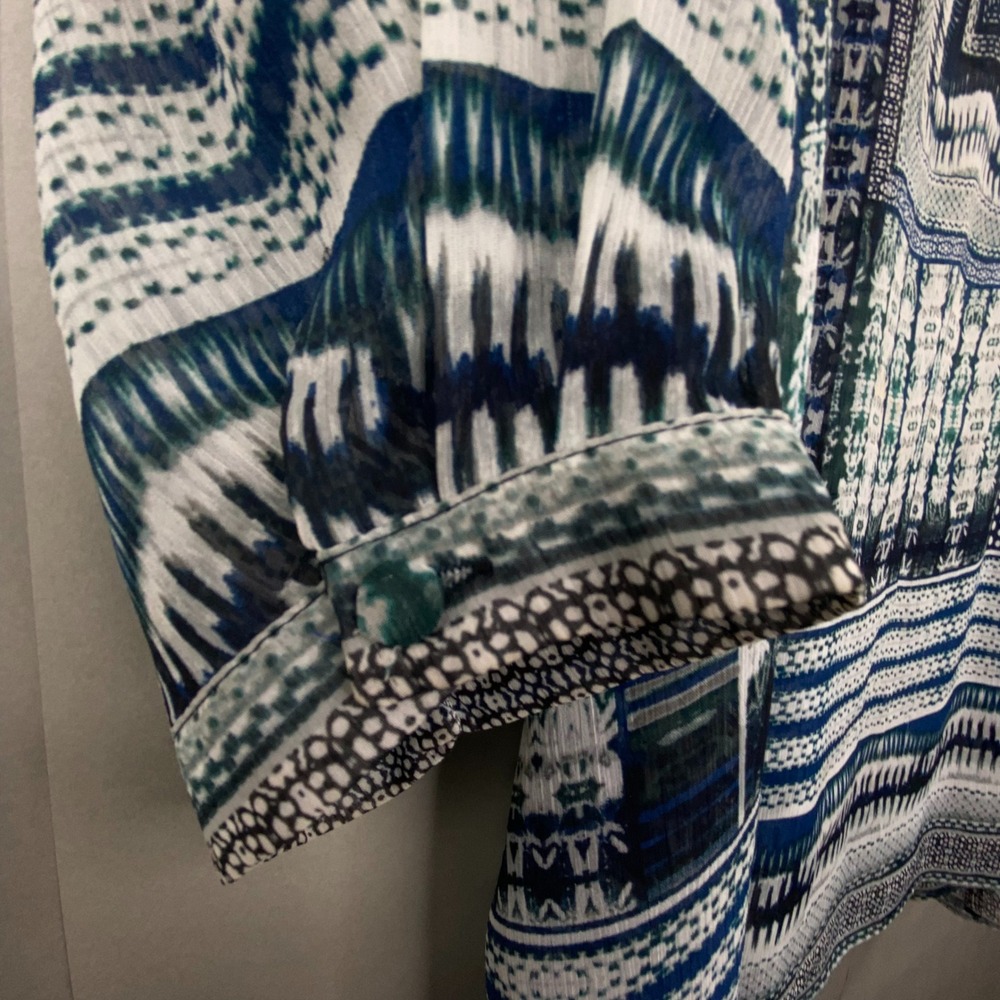 Rose & Olive Geometric Tribal Print Blouse Womens 3X Blue Green Flowy Boho Sheer - Picture 10 of 10